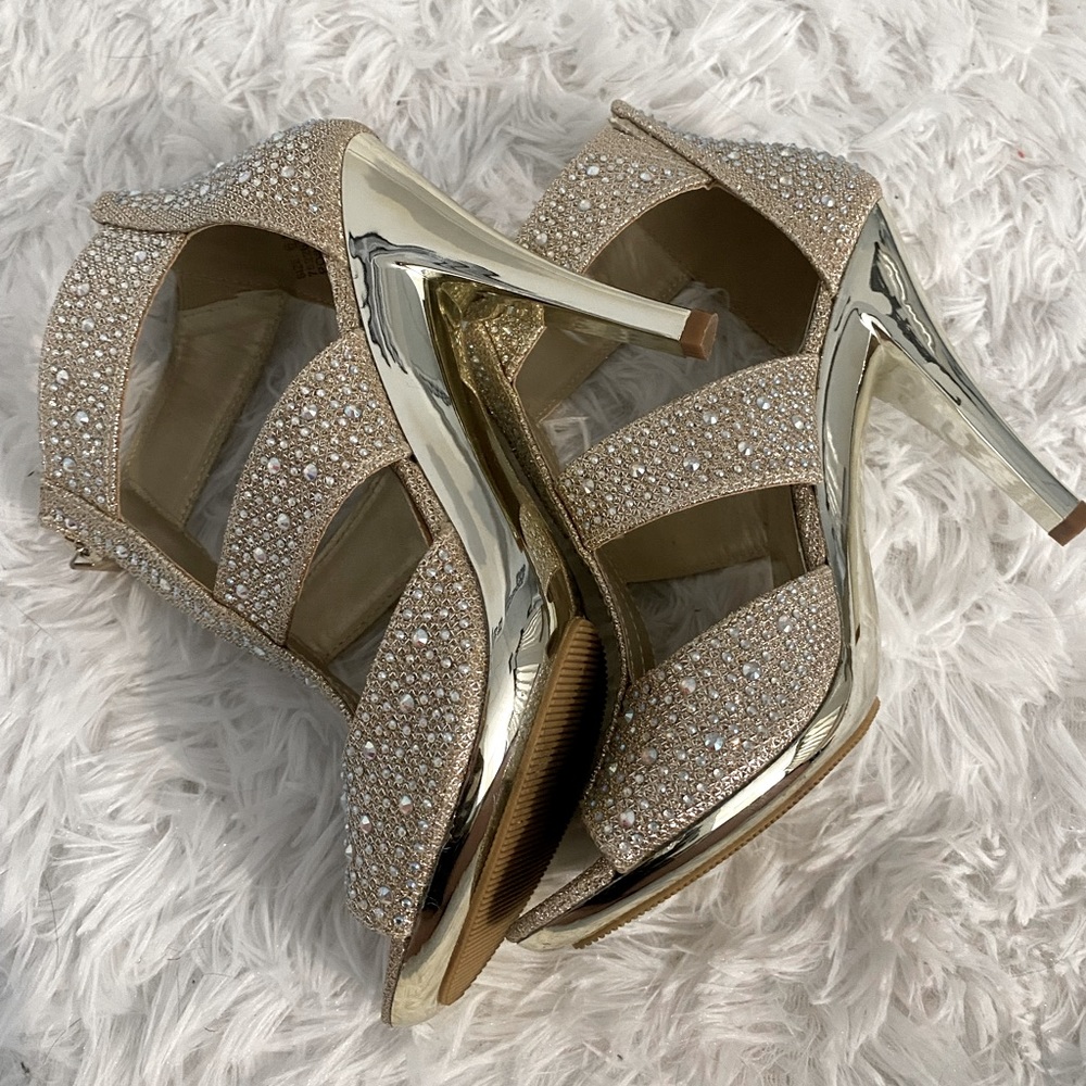 gold bedazzled silver slipper heels